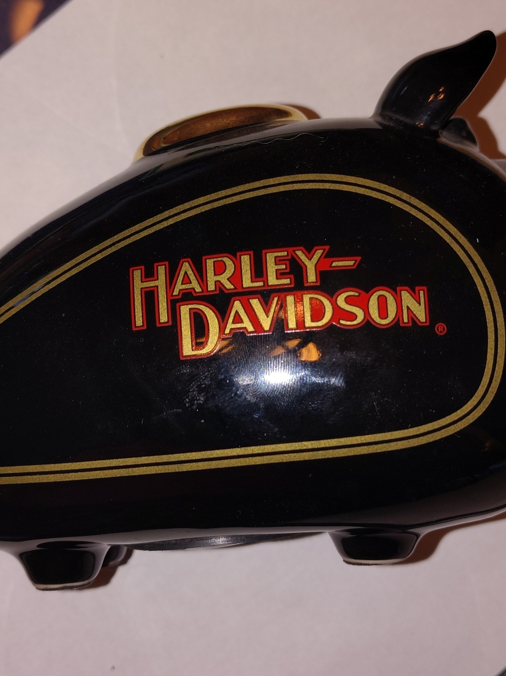Harley-Davidson Black and Gold Ceramic Coin Bank with Red Logo